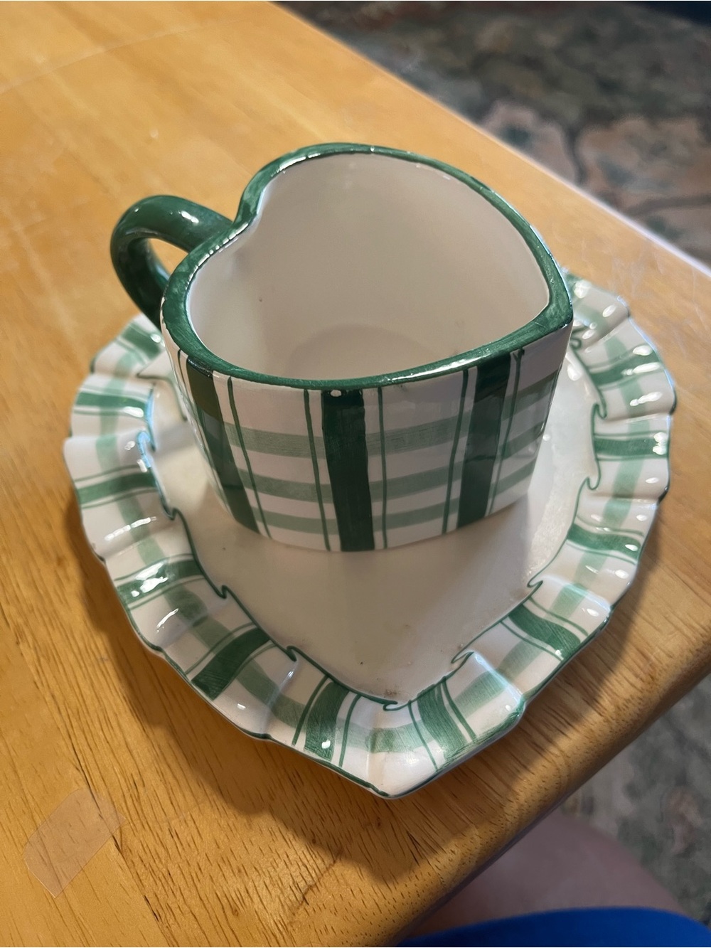 C&S Green Striped Heart Creamer and Saucer Set - Home Dining